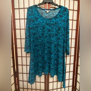 (S37) Woman Within 2X (26/28) Aqua & Black Toille Sharkbite Boatneck Boho Tunic
